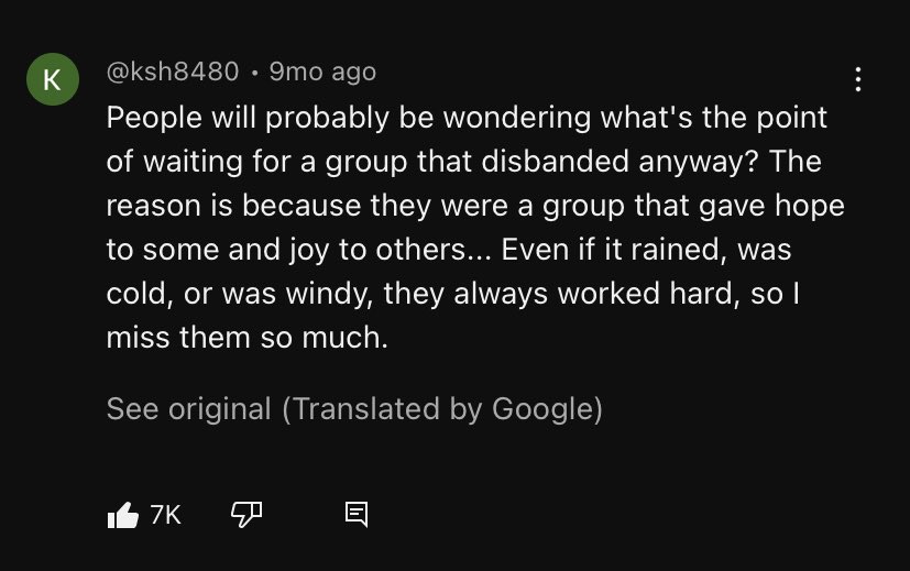 was scrolling through yt shorts and saw a gfriend video content. this comment made me tear up a lil