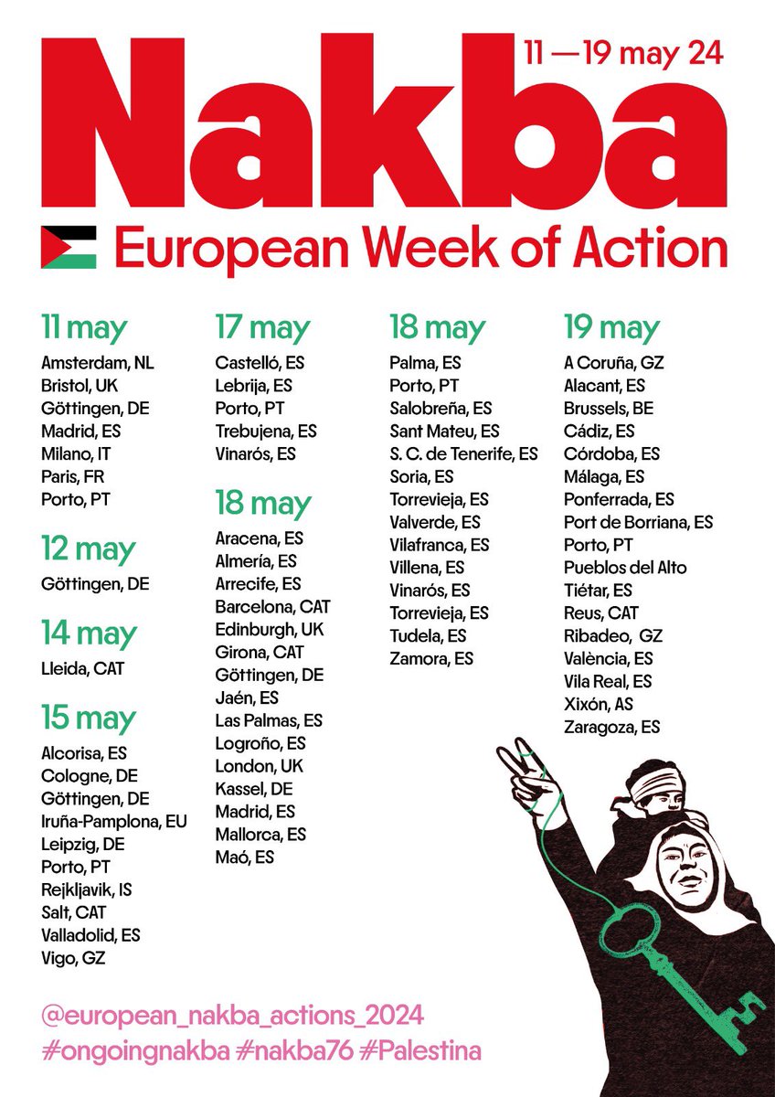 Comença la #EuropeanWeekOfAction en el marc de la commemoració del 76è any de la #Nakba. 🇵🇸 Ens hem coordinat per sortir de manera escalonada i unitària, desenes de ciutats arreu d'Europa. ‼️ Des de 1948 fins a l'actualitat, el poble palestí viu sotmès en una Nakba contínua.