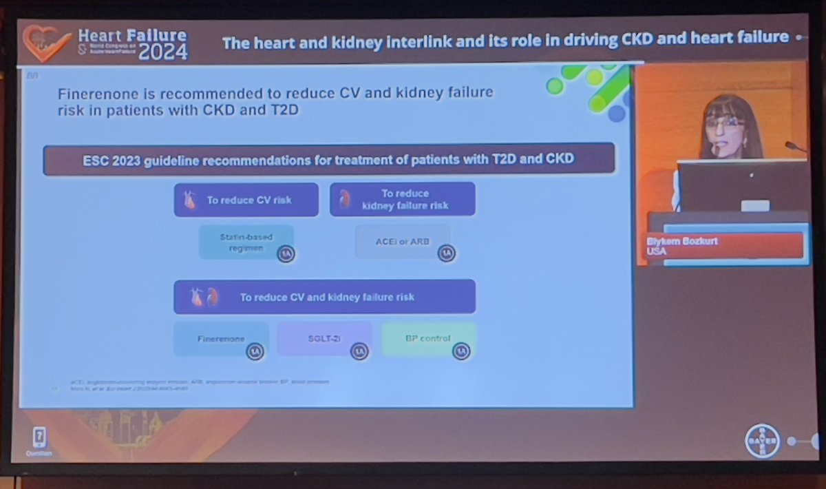 Dr @BiykemB delivered an incredible talk on the 🫀- renal axis at #HeartFailure2024: 📍#Albuminuria predicts HF risk➡️Annual screening of #eGFR & #UACR in #Type2DM with/without #CKD 📍#Finerenone is recommended to ⬇️ CV & kidney failure, prevent HF in #CKD & #DM