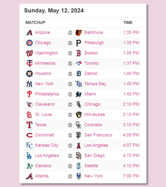 Here's the #MLB schedule for Sunday, May 12th ⚾️ Happy #MothersDay!!! - PLAY BALL!!!