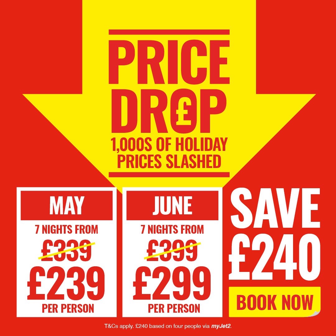 Don't miss out 🔊 We’ve slashed 1,000s of prices in our HUGE Price Drop! What’s more, you’ll also save £60pp on all May and June holidays with myJet2 – that’s an extra £240 off for a group of four! spr.ly/6013jaNF1 So, who's ready to save? 🙌 T&Cs apply