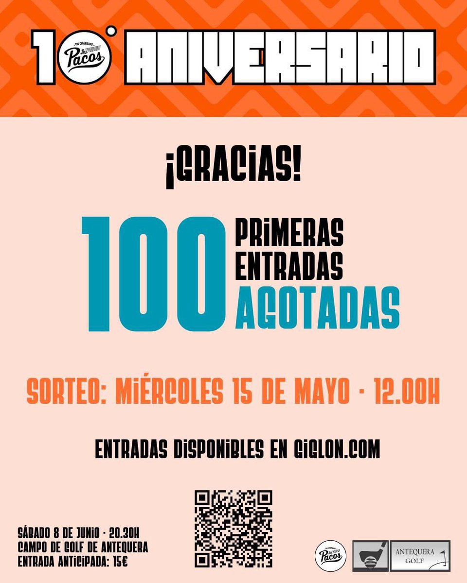 🙌🏻 ¡Sois increibles! 🙌🏻 ¡Solo 3 días habéis necesitado para agotar las primeras 100 entradas de nuestra Fiesta 10º Aniversario! 🙏🏻 No podemos estar más agradecidos, de verdad.

🎟️ Tenemos más aquí: giglon.com/evento/los-pac…