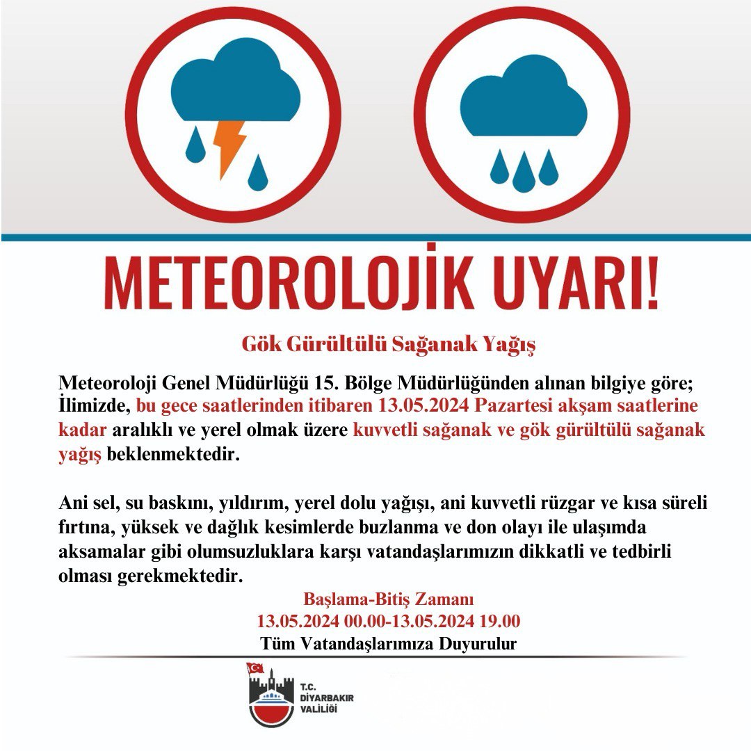 ⚠️⛈️☔ Meteorolojik Uyarı ☔⛈️⚠️ #Diyarbakır