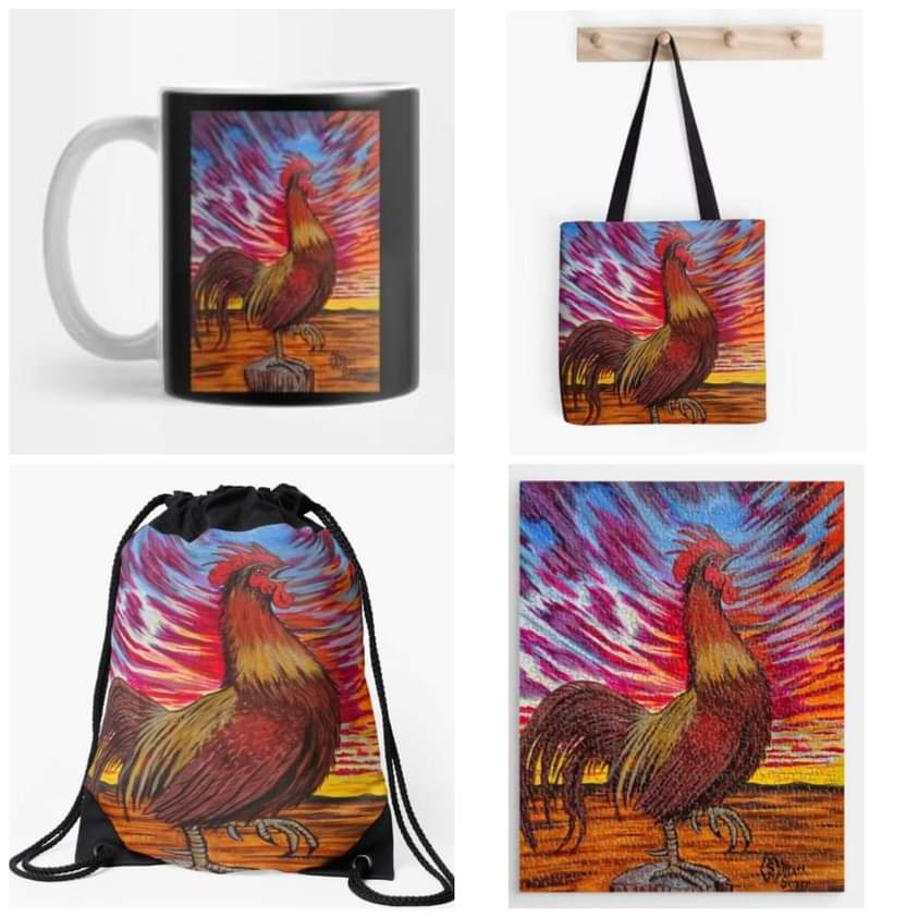 This is my acrylic painting with a big rooster crowing during a spectacular sunrise from the fence post at the farm with some products. redbubble.com/shop/ap/638727…
#mattstarrfineart #artistic #gift #giftideas #tshirts #homedecor #riseandshine #rooster #roosters #sunrise #morning