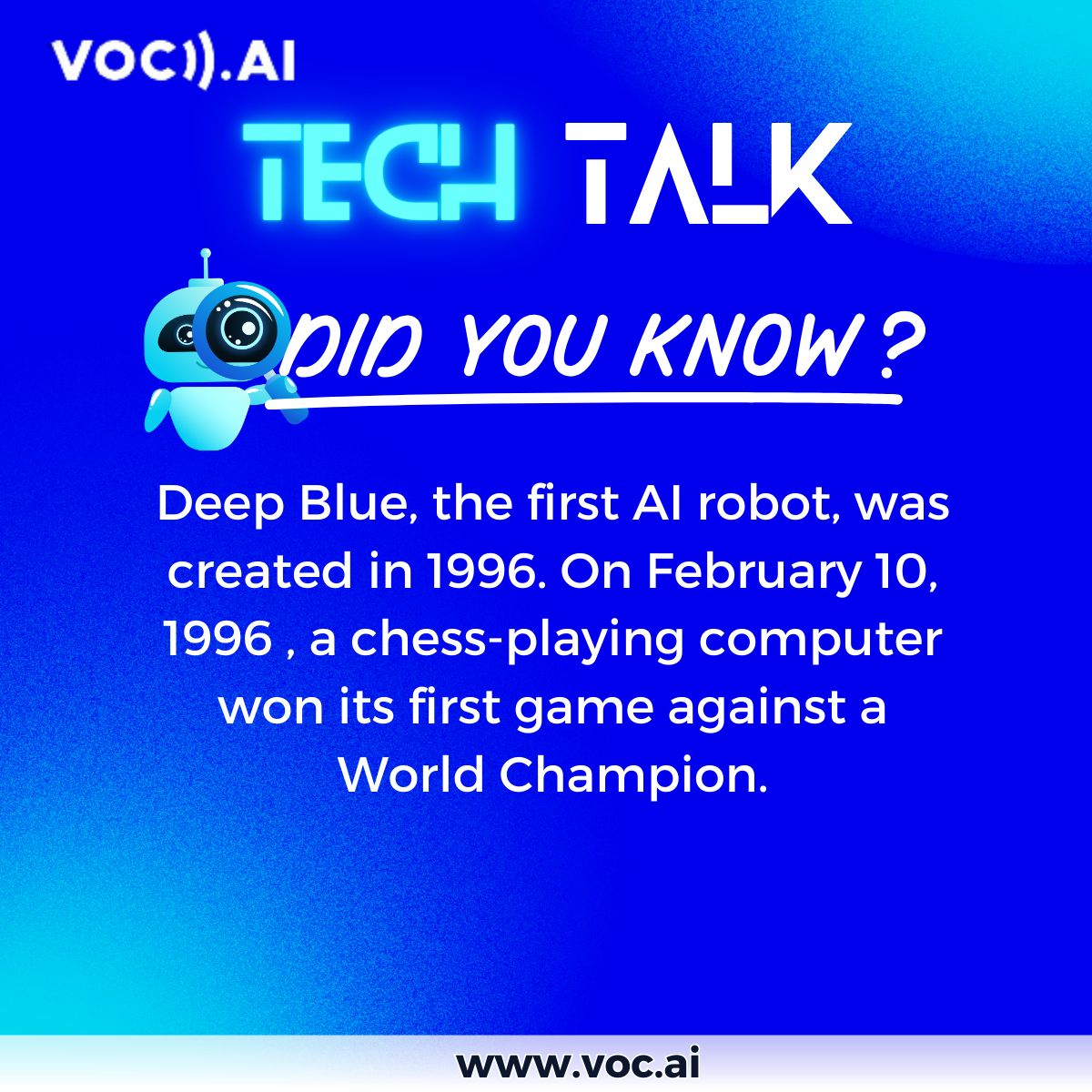 TECH TALK Sunday! 🤖 🔍 Did you know that? 🤔 The victory by Deep Blue marked a significant milestone in the development of artificial intelligence and computer chess. 🎉🏆 Follow VOC.AI for more TECH TALKS! ✨👉 voc.ai #techtalk #sundaytrivia