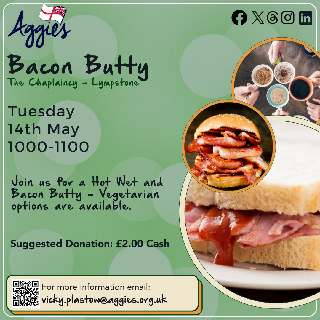 For Serving Persons at CTCRM - 🏃‍♂️ Head on over to the Chaplaincy on Tuesday 14th May from 1000 and grab yourself a Bacon Butty!! 🥪☕ Vegetarian options available!