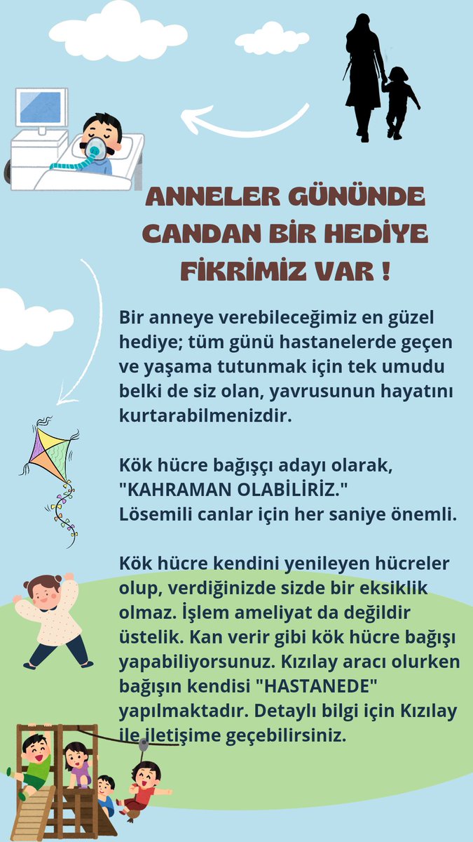 Anneler Gününde Candan Bir Hediye Bir anneye verebileceğimiz en güzel hediye;tüm günü hastanelerde geçen,yaşama tutunmak için tek umudu belki de siz olan yavrusunun hayatını kurtarabilmektr Kök hücre bağışçı adayı olarak KAHRAMAN OLABİLİRZ Lösemili canlar için her saniye önemli