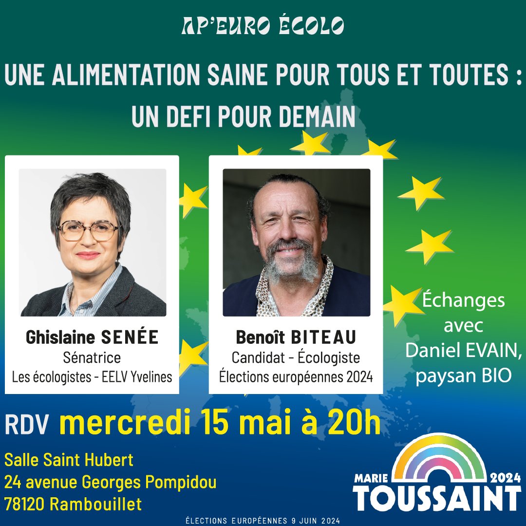 🌻 Rendez-vous mercredi à 20 à Rambouillet, salle Saint-Hubert pour un ap'euro écolo avec Benoît Biteau sur le thème de l'alimentation !