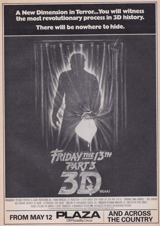 Forty-one years ago today in UK cinemas, there was a new dimension in terror... #Friday13thPart33D #FridayThe13th #3D #film #films #HorrorMovies #horror #JasonVoorhees #SteveMiner #DanaKimmell