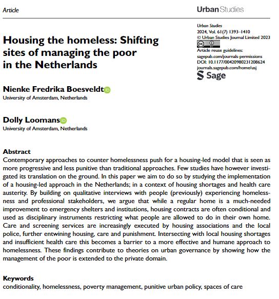 Housing the homeless: Shifting sites of managing the poor in the Netherlands by Nienke Fredrika Boesveldt and @dollyloomans ow.ly/YJl050RAoqK #OpenAccess #homelessness #UrbanPolicy
