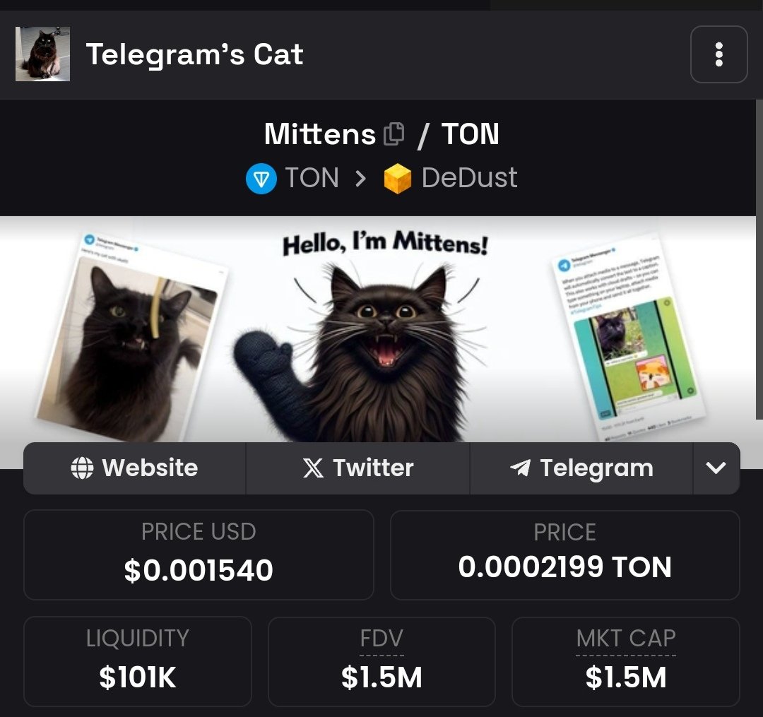 You have the opportunity to grab the first official Cat Memecoin on a blockchain $TON with a $23bil marketcap, will you fade?. #Mittens is sitting at 1.5mil marketcap not long before it rages to $100mil. @Mittenstonchain 
#memecoin #cryptocurrency #TONCoin #TON #BTC #ETH