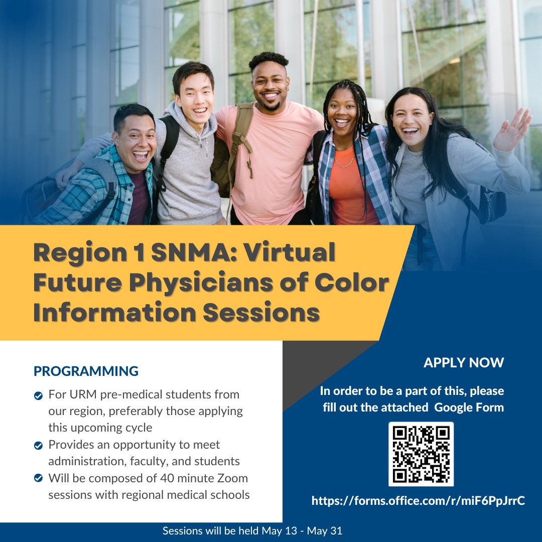 ATTENTION ALL PRE-MEDS! 

SNMA Region I is hosting a virtual conference entitled 'Future Physicians of Color Information Sessions' from May 13-31!

Register Here: ow.ly/JYjT50RCuCT 

#SNMA #MAPS #RegionI #PreMeds #VirtualConference #FutureDoctors