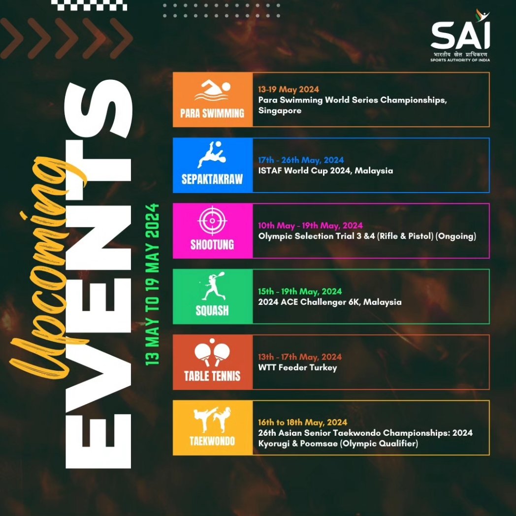 Back with the newest sports schedule for the upcoming week😍

Check out your fav sporting events & #Cheer4India🇮🇳 with us🥳