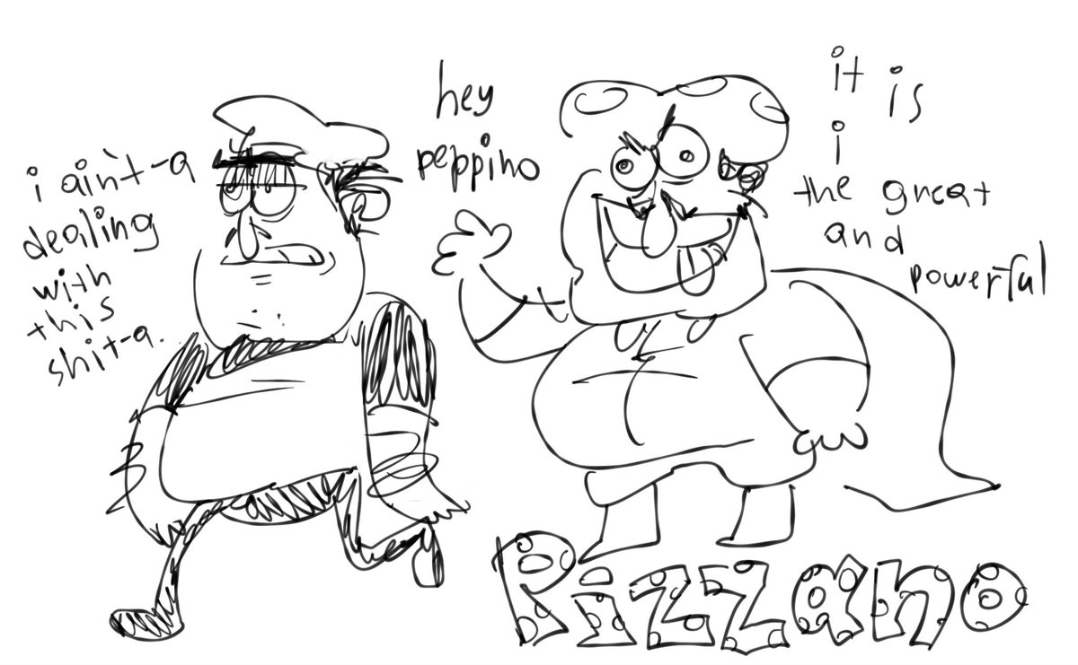 300 followers, yayyyy! Thank u, guys!!
Here's Pizzano i drew from memory

[#pizzatower #sugaryspire]