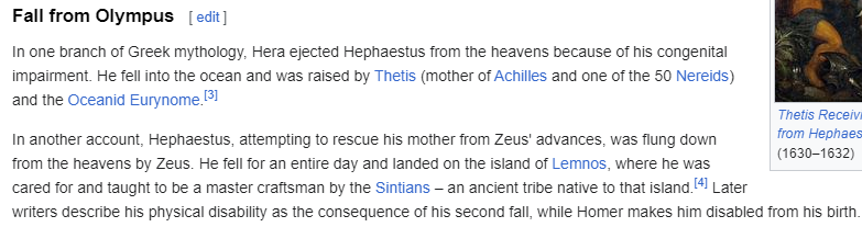 HEPHAESTUS
IS SPECIFICALLY KNOWN
FOR HAVING A CLUB FOOT
HE HAS A MOBILITY IMPAIRMENT
THAT IS THE ONUS OF HIS ENTIRE FUCKING STORY, HIM BEING IN A WHEELCHAIR MAKES PERFECT SENSE
READ A FUCKING BOOK, YOU CRETIN