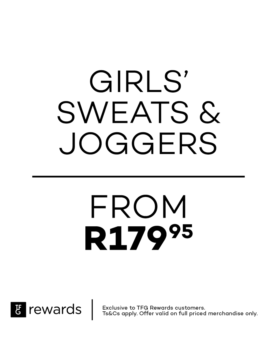 Winter got warmer for the whole family! TFG Rewards Members, shop Girls' (ages 5 - 14yrs) sweats & joggers from R179.95 each💪

Shop the range in-store & online: bit.ly/3UytCHu

🪪 Not a TFG Rewards member? Sign up for free in all Totalsports stores.

#TSbyTotalsports