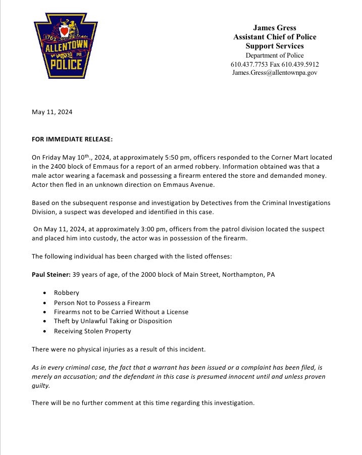 MEDIA RELEASE: Robbery Arrest
#Allentownpolice