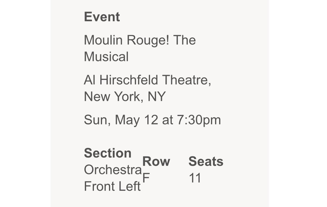 Please RT! 🔥 RESALE! ONE ORCHESTRA TICKET AVAILABLE FOR RESALE #MoulinRouge! @MoulinRougeBway TONIGHT FINAL SHOW with @BoyGeorge May 12 2024 at 7:30pm Al Hirschfeld Theatre, Broadway, New York Price approximately $143 (£111.40) ticketswap.com/listing/moulin…