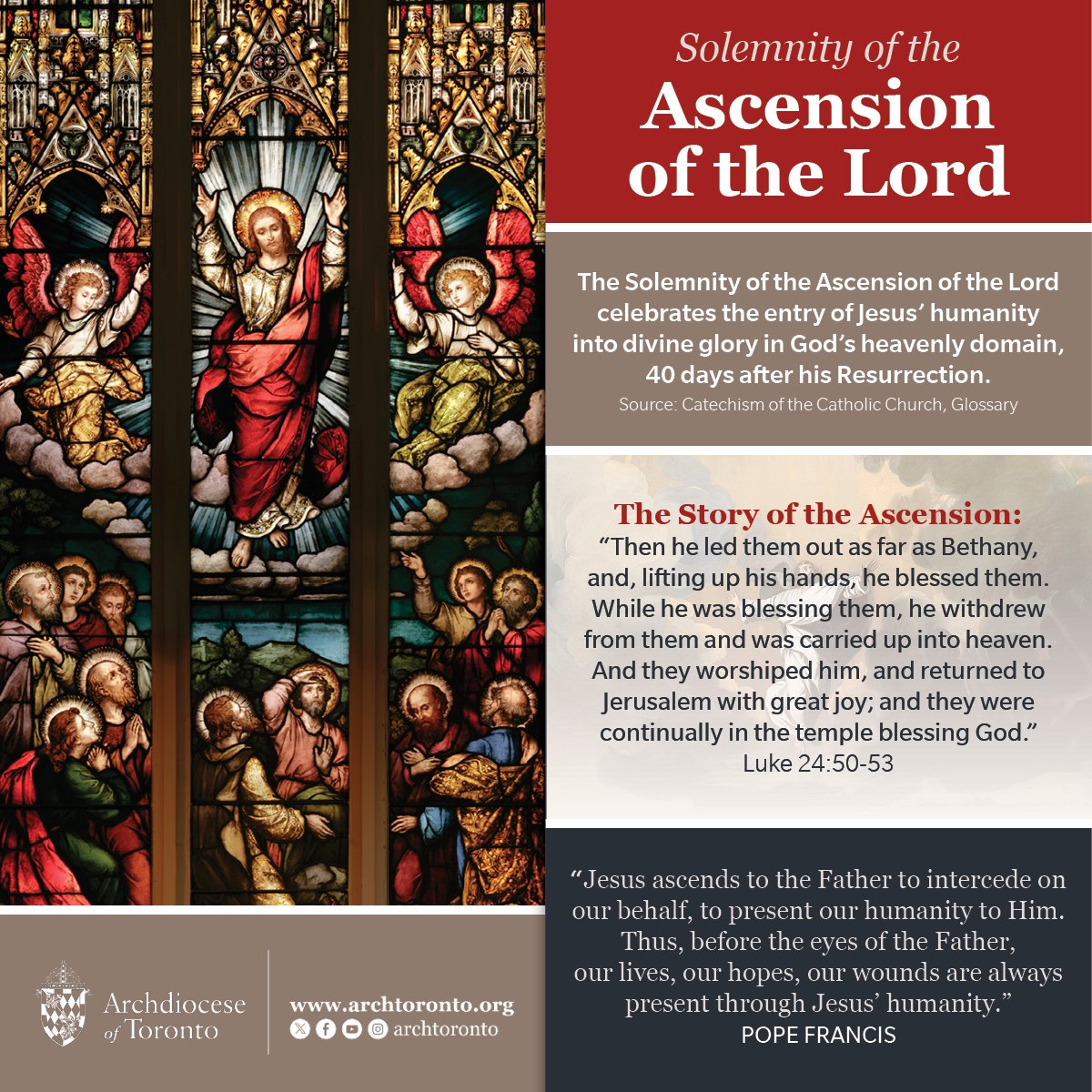 archtoronto's tweet photo. This year, we celebrate the Solemnity of the #Ascension of the Lord on May 12. On this day, we recall the entry of Jesus' humanity into divine glory in God's heavenly domain, 40 days after his Resurrection. https://t.co/Zhe9JqAZvo