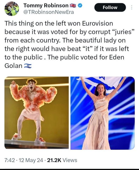Never underestimate the power of the far-right to mobilize racists to vote 20 times each for Israel in the Eurovision Song Contest.

I'm not saying everyone who voted for Israel is a racist, but every racist voted for Israel.