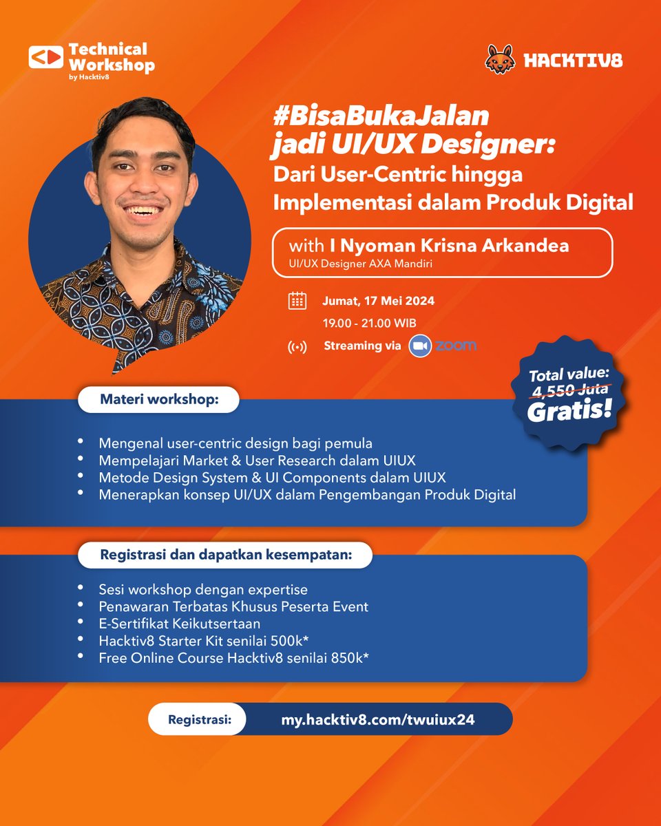 ✨Gratis Workshop di Hacktiv8✨
Mau belajar seputar Front End dan UI/UX via online tanpa biaya?

Ikuti sesi workshopnya:
Belajar Front End: Kamis, 16 Mei 2024 (RSVP: my.hacktiv8.com/twfern24)

Belajar UI/UX: Jumat, 17 Mei 2024 (RSVP: my.hacktiv8.com/twuiux24)

Yuk, daftar sekarang!