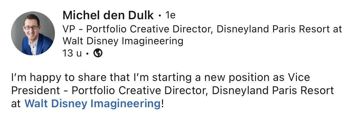 Michel den Dulk started a new position at #WaltDisneyImagineering for #DisneylandParis. Congratulations Michel!