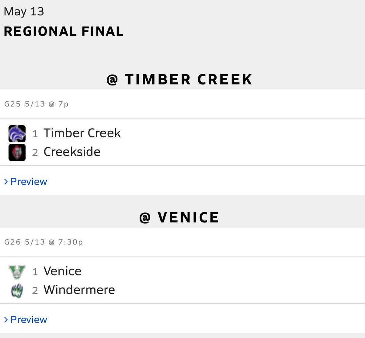 With a trip to the State Final Four on the line, #1 seed Venice (26-3) hosts the #2 seed Windermere (26-3) in the Regional Final on Monday night at 7:30 pm. Come out and support the Indians!