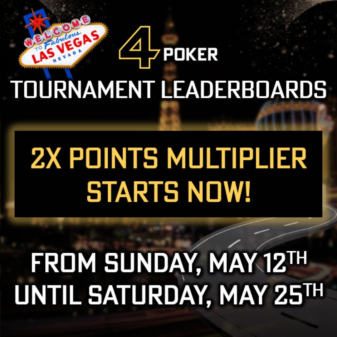 Tournament Leaderboards: 2x Points Multiplier! 🚀 Starting today, all tournaments awarding points towards the Tournament Leaderboards will have a 2x Multiplier 💰 Increased GTDs & Bigger Prizepools also starting now! 💸 Check the current standings here: 4poker.eu/promotions/tou…