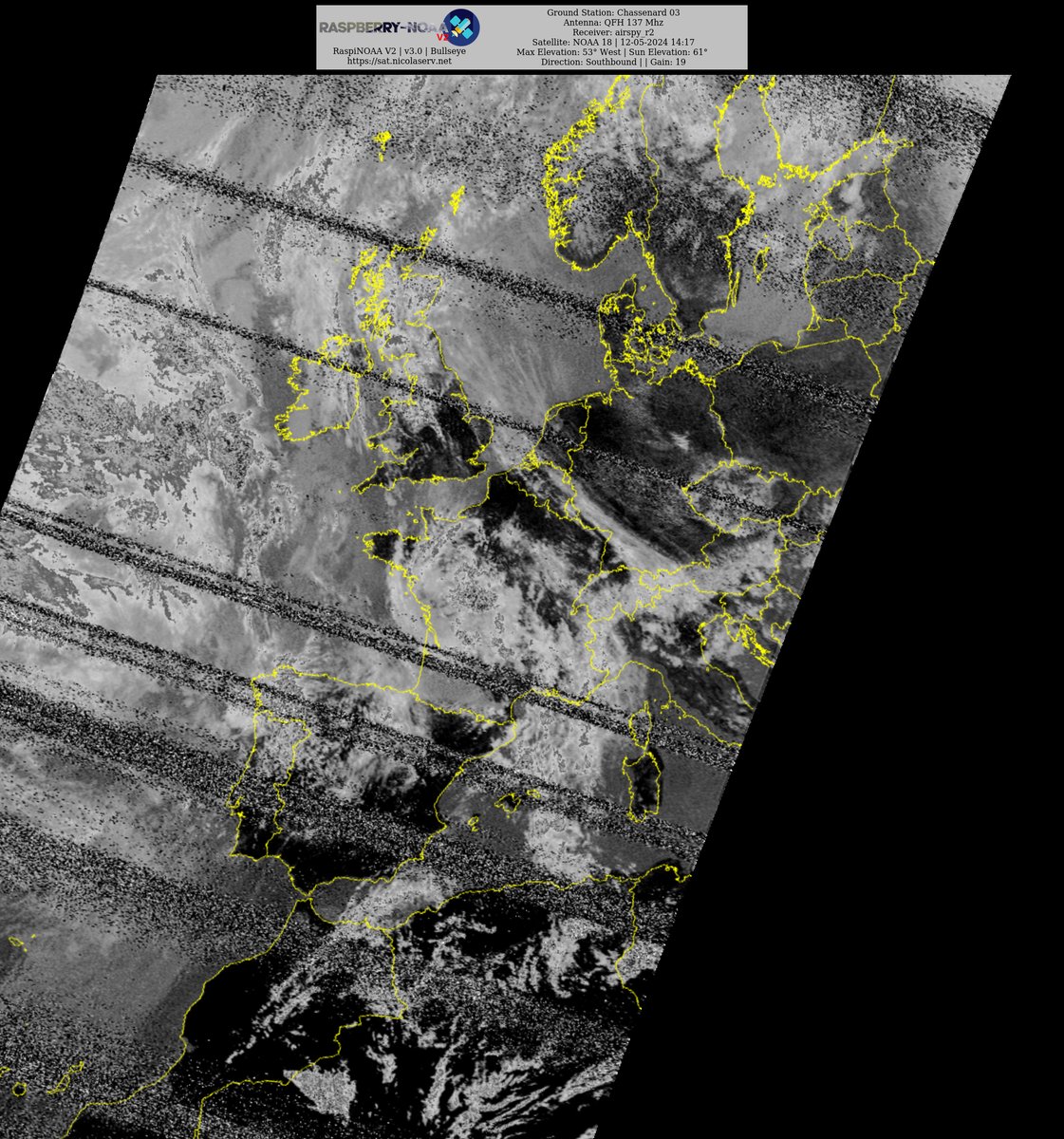 Ground Station: Chassenard 03 NOAA 18 12-05-2024 13:23 CEST  Max Elev: 53° W Sun Elevation: 61° Gain: 19 | Southbound

#NOAA #NOAA15 #NOAA18 #NOAA19 #MeteorM2_3 #MeteorM2_4 #weather #weathersats #APT #LRPT #wxtoimg #MeteorDemod #rtlsdr #gpredict #raspberrypi #RN2 #ISS