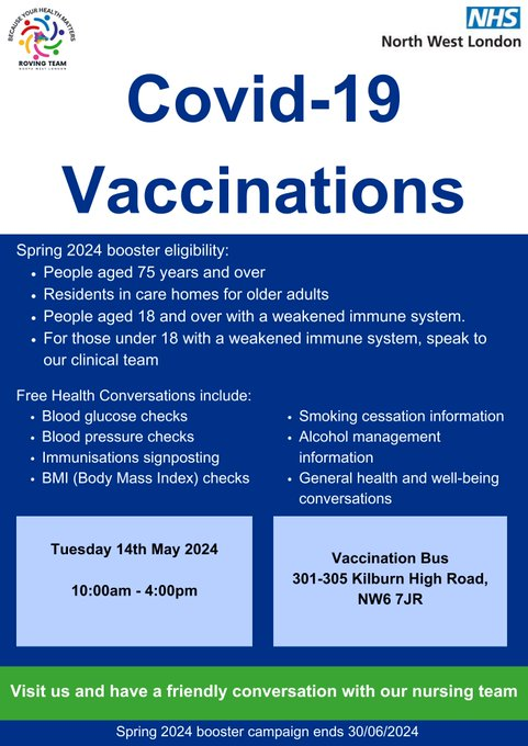 The @Brent_Council @HealthierNWL Mobile Health Bus is coming to Kilburn High Road NW6 7JR this Tuesday 14th Visit the bus to get a FREE health check and to chat with our clinicians Covid boosters and Measles vaccinations will also be available #VaccinesWorks #GetChecked