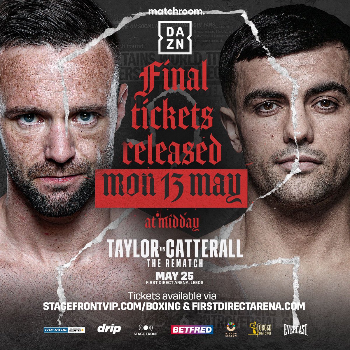 🎟️ A limited number of #TaylorCatterall2 tickets are released 𝘁𝗼𝗺𝗼𝗿𝗿𝗼𝘄 𝗮𝘁 𝗺𝗶𝗱𝗱𝗮𝘆 🚨 Join us in Leeds on May 25 😤 @JoshTaylorBoxer @jack_catt93 @fdarena @StageFrontVIP @EddieHearn @trboxing