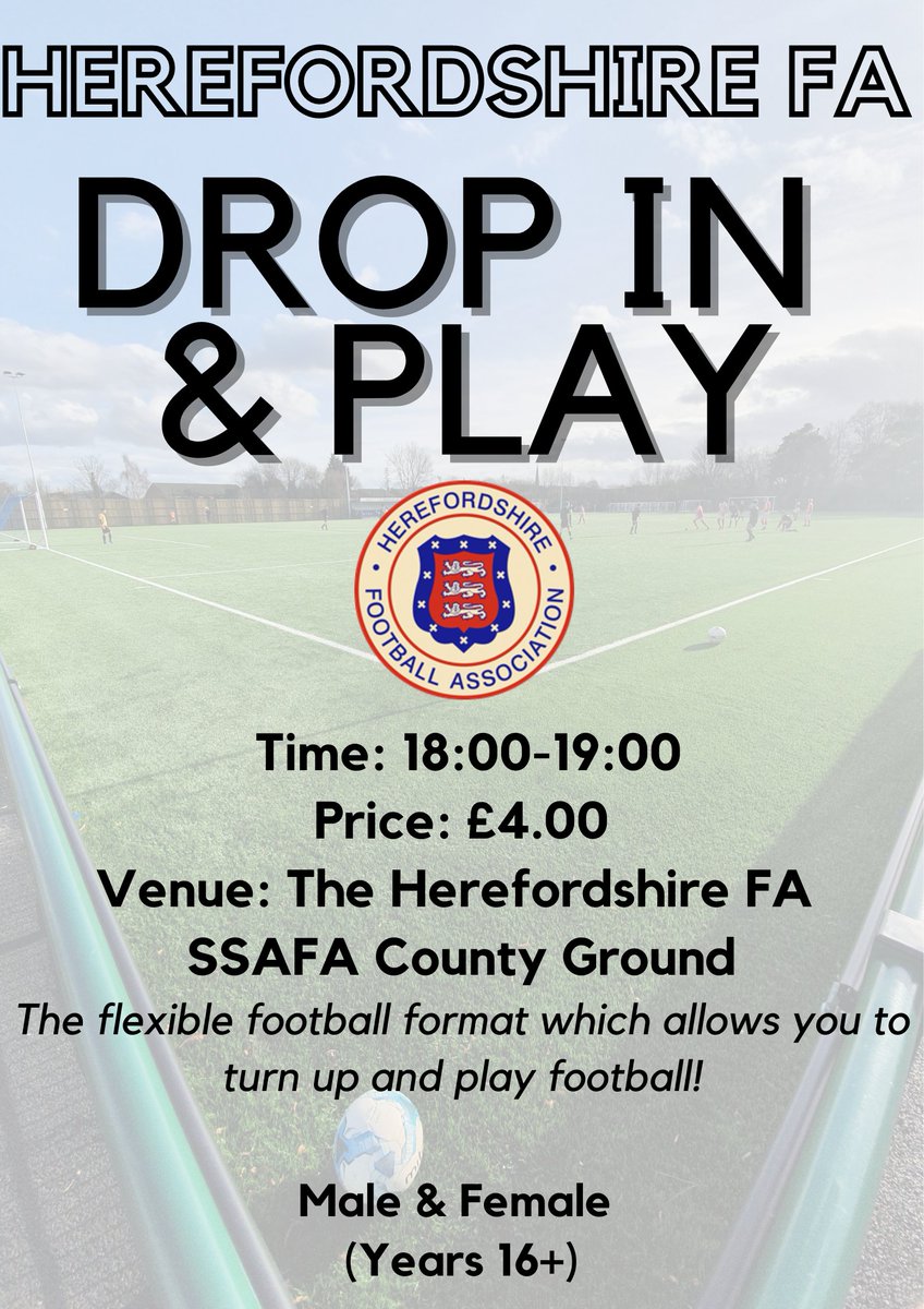 Drop In & Play Sundays at the Herefordshire FA ⚽ If you're look to get playing football but don't want the commitment of turning up every week, this is the session for you!