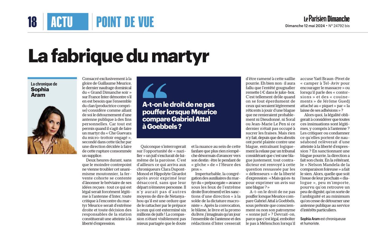 Wow.
Donc Meurice viré est un 'martyr'.
Drôle de choix de terminologie quand dans le même article on dénonce le mot 'camper' de Melenchon à Yael Braun Pivet.

🤡
