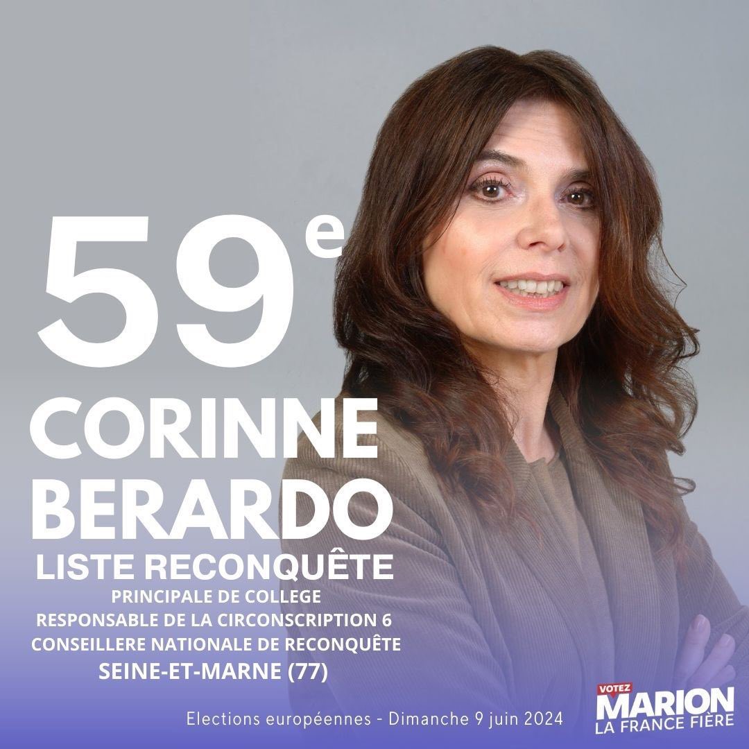 Je vous présente Corinne Berardo, candidate sur la liste #Reconquete menée par #MarionMaréchal.
Son engagement et son militantisme témoignent de son courage et de sa force pour notre #nation et notre #civilisation.
La #SeineEtMarne et la fédération @reconquete_77 seront présentes…