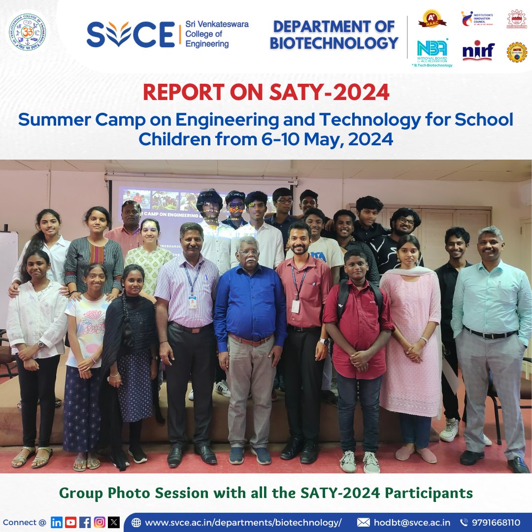 🌟 Sri Venkateswara College of Engineering, in collaboration with Springboards, recently hosted SATY-2024, a one-week Summer Camp on Engineering and Technology for school children from May 6th to 10th, 2024, at SVCE Campus! 🌟

#EngineeringCamp #SummerCamp #STEMEducation #SVCE🔬