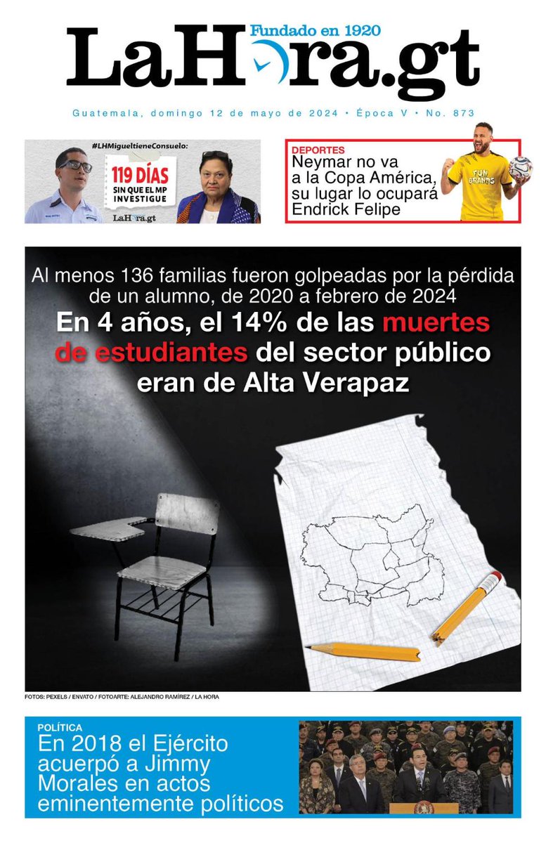 #PORTADADEHOY l 📌En 4 años, el 14% de las muertes de estudiantes del sector público era de Alta Verapaz 👉lnk.bio/s/lahoragt/360…