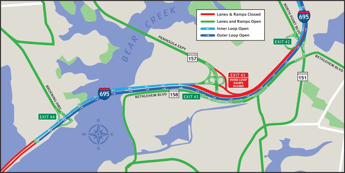 #ICYMI I-695/Broening Highway interchange reopens Wednesday, May 15. Tolling operations to Broening Highway and I-695 Outer Loop via turnaround will not be in effect in May. Will resume June 1, 2024. Full details here bit.ly/3USOc5c #KeyBridgeNews #mdtraffic #baltraffic