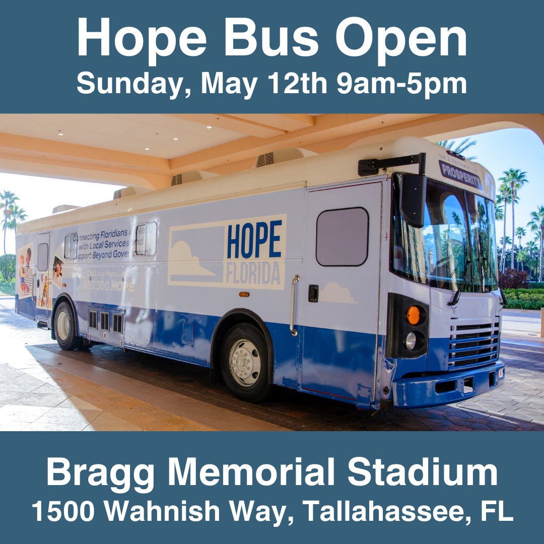 The Hope Bus will be stationed at Bragg Memorial Stadium Sun. May 12th from 9am–5pm to help those impacted by the storms in Leon County. In partnership with Volunteer Florida, the Department will be providing tarps & other supplies. Hope Navigators are on site and ready to help!