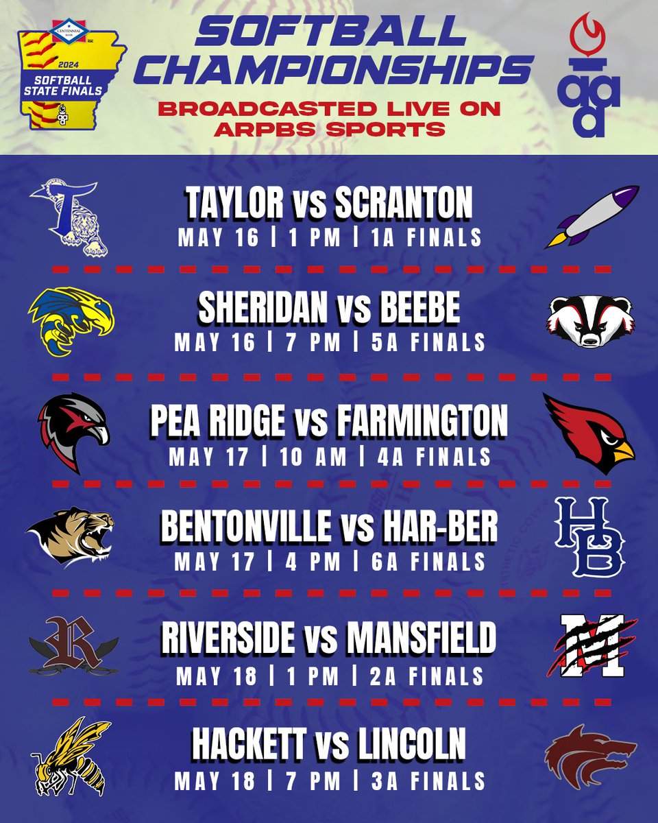 Softball state championship game times are set!

All games will be broadcast live on <a href="/ArkansasPBS/">Arkansas PBS</a> or you can get to Conway and watch them in person!

Tickets: gofan.co/app/school/AAA