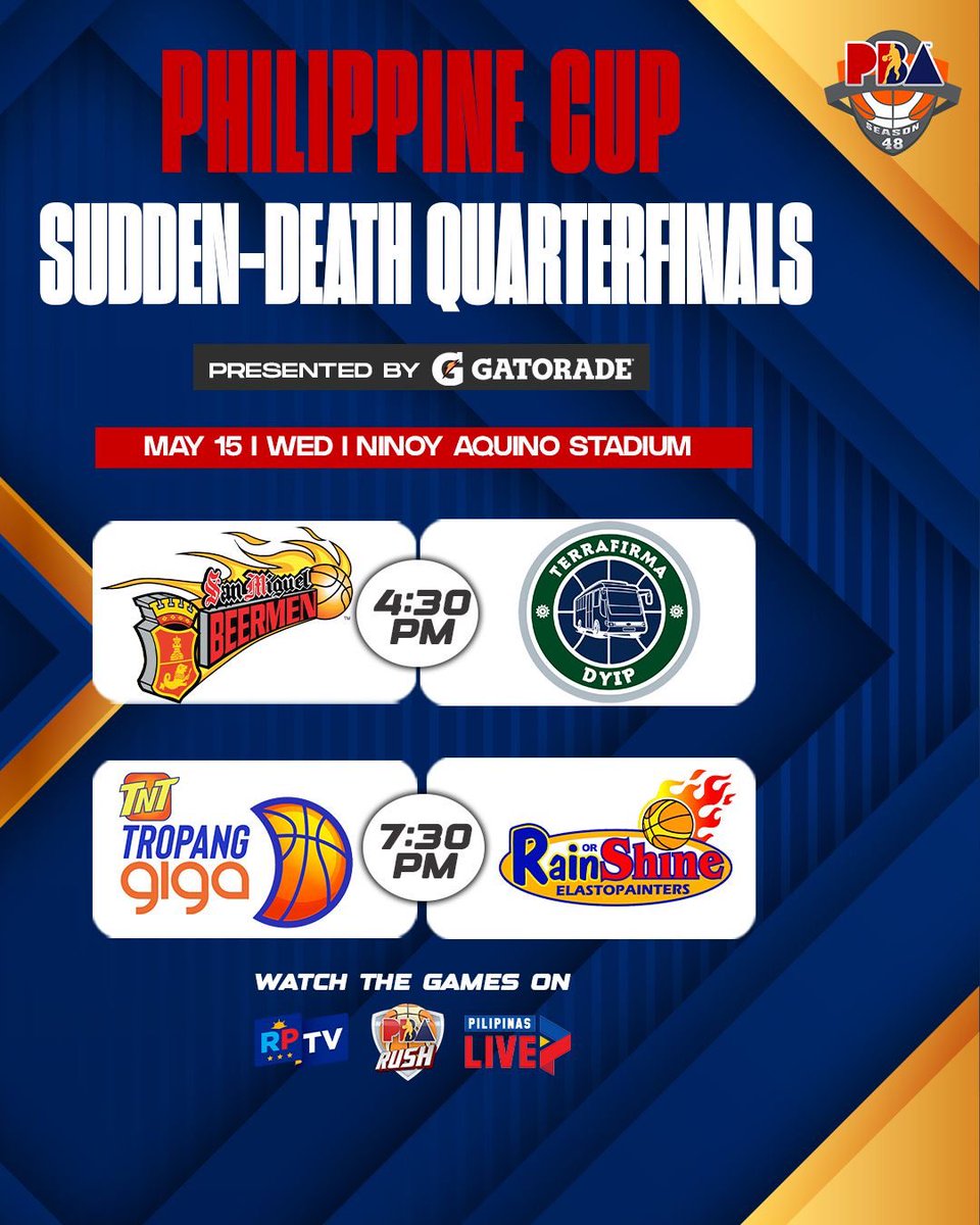 SUDDEN DEATH Quarterfinals Wednesday at Ninoy Aquino Stadium 4:30 PM San Miguel vs. Terrafirma 7:30 PM TNT vs. Rain or Shine Tickets 👇🏼 ticketnet.com.ph #PBAAngatAngLaban