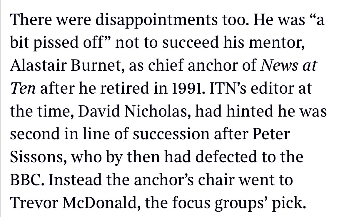 It is completely untrue to say (as @andrewbillen wrote in the Times yesterday) that Trevor McDonald was chosen over the excellent Alastair Stewart because he was the ‘focus groups pick’. I made the choice with my colleague David Mannion. There were no focus groups.
