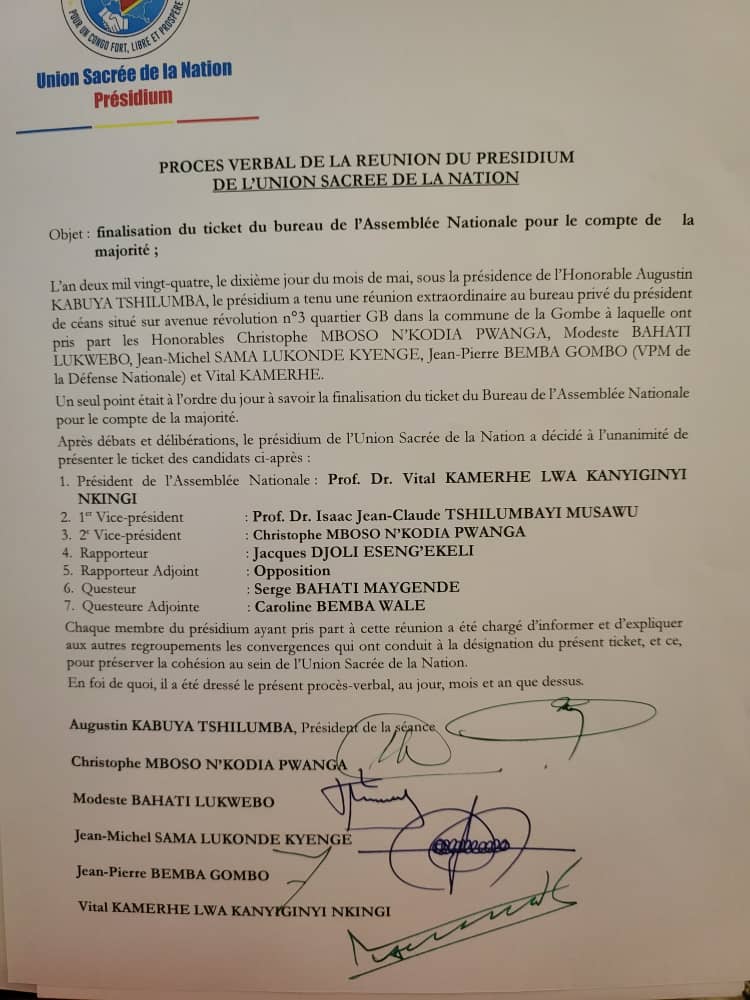 #RDC Voici le procès verbal signé par les leaders du Présidium de l'Union sacrée ayant pondu le ticket du Bureau définitif de l'Assemblée nationale...