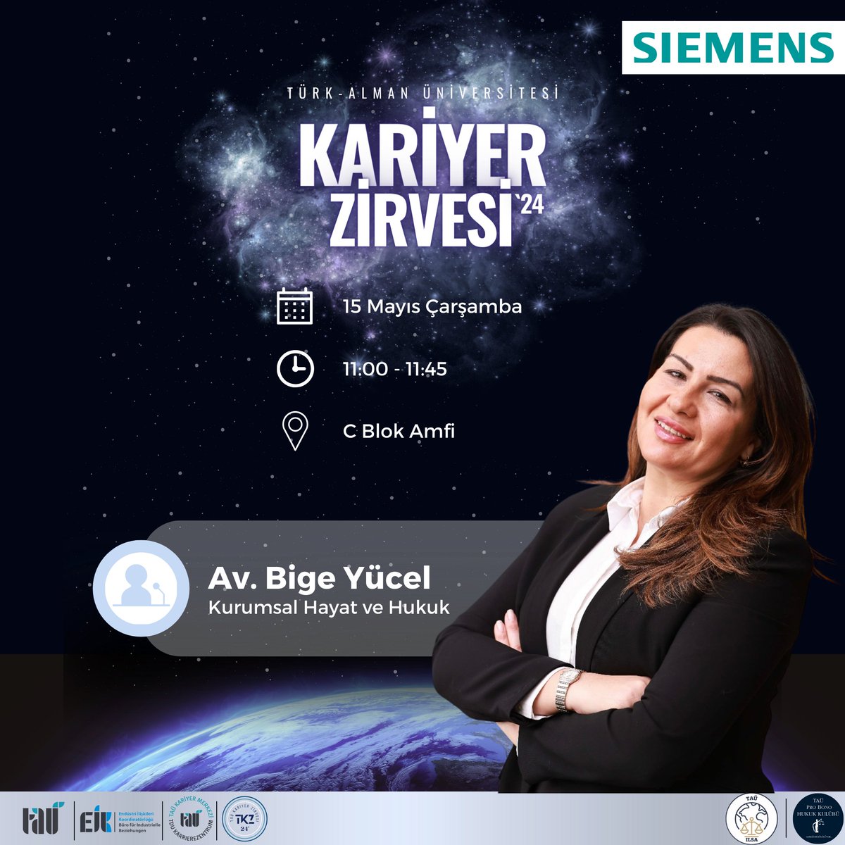 tauilsa's tweet photo. Siemens San. Ve Tic. A.Ş. Baş Hukuk Müşaviri ve Yönetim Kurulu Üyesi Sayın Av. Bige YÜCEL, 15 Mayıs 11.00'da bizlerle olacak. "Kurumsal Hayat ve Hukuk" konulu konuşmasını dinlemek için hepinizi bekliyoruz! https://t.co/x8Eu06XeNN