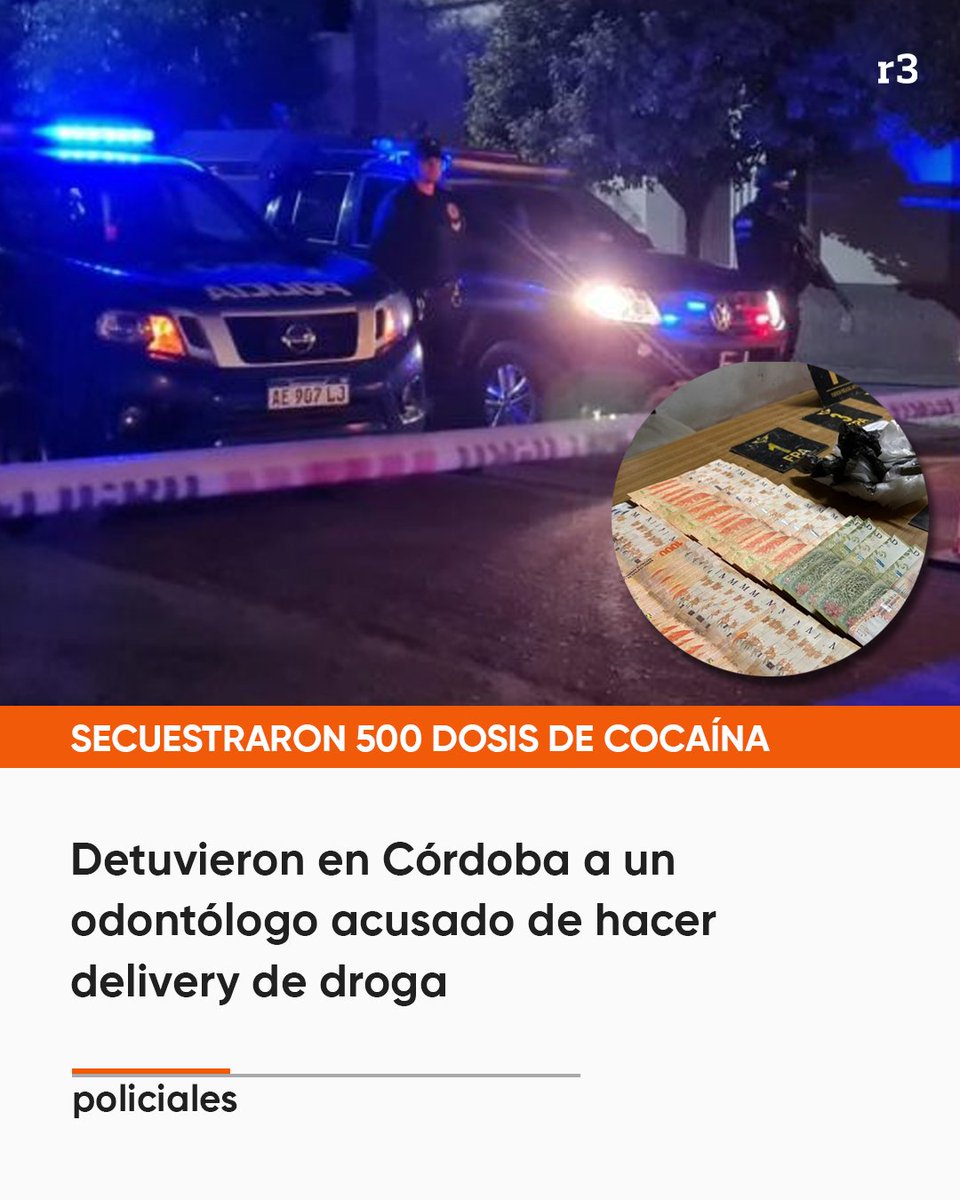 ⭕️ Un odontólogo de 43 años fue detenido con más de 500 dosis de cocaína, en medio de una investigación en la que se lo acusa de vender y distribuir droga con su auto por la localidad de Sampacho, ubicada en el interior de Córdoba.

📰rosario3.com
#rosario3