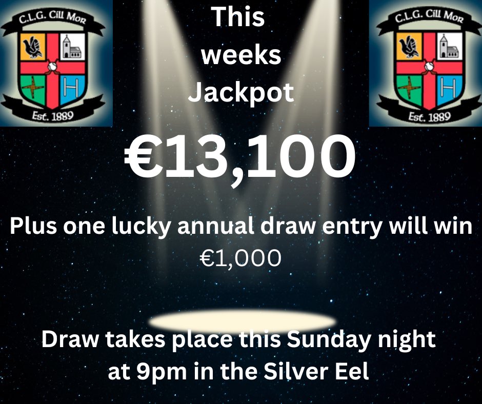 💶 💶 Lotto Day 💶💶 Our lotto jackpot is €13,100 Draw takes place tonight in The Silver Eel at 9pm. ONE ANNUAL LOTTO TICKET HOLDER WILL WIN €1,000 TONIGHT!! ( Make sure you have renewed) Online ticket sales close 8pm! Get your tickets today here lottoraiser.ie/Kilmore/