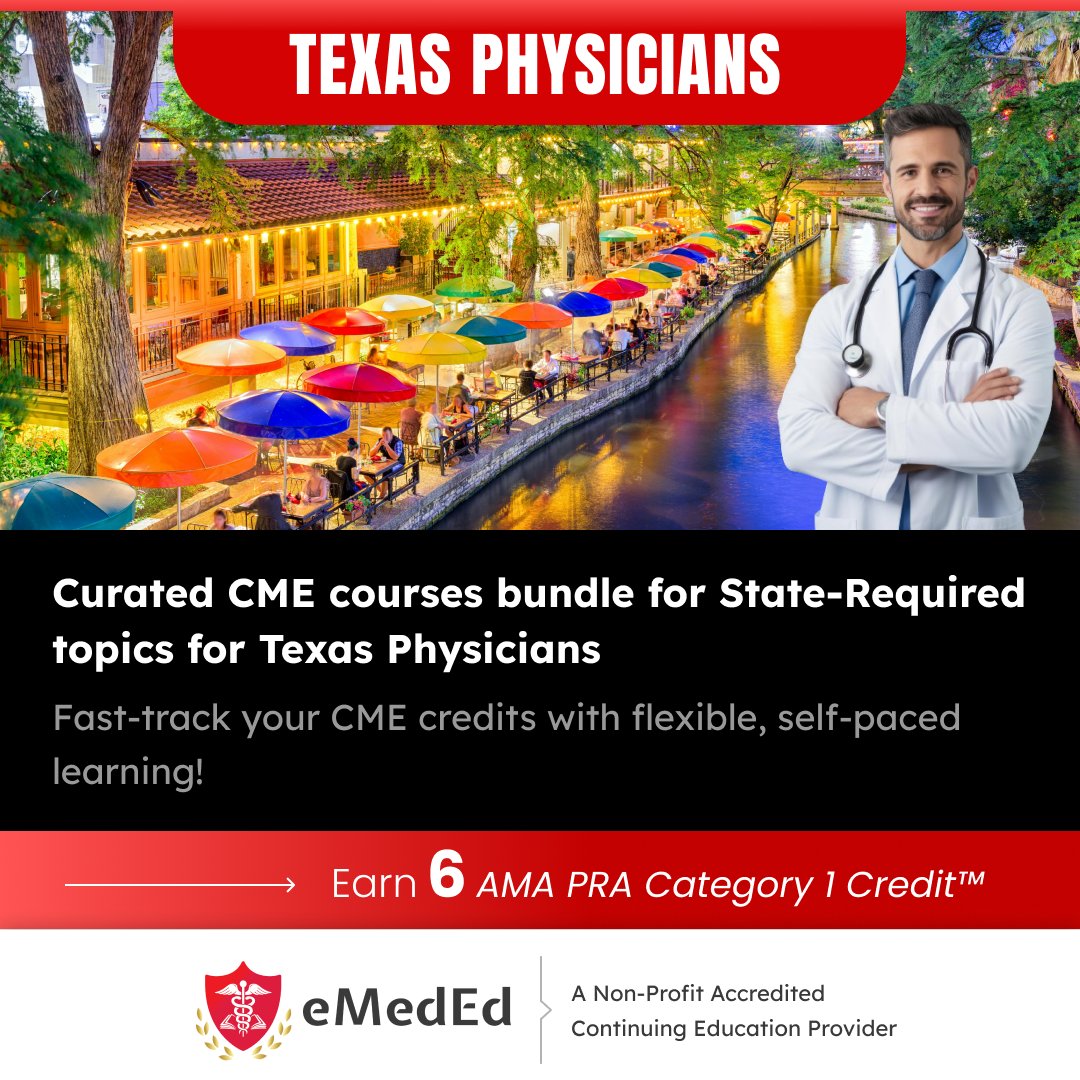 👩‍⚕️ Calling all physicians in Texas! 🏥 Stay updated with the Texas Medical Board Mandatory Topic Course Bundle available now on eMedEvents.  

Register Now : bit.ly/3yjn3zJ 

#OnlineCourses #TexasPhysicians #TexasMedicalBoard #CMECourses #globalCME #eMedEd