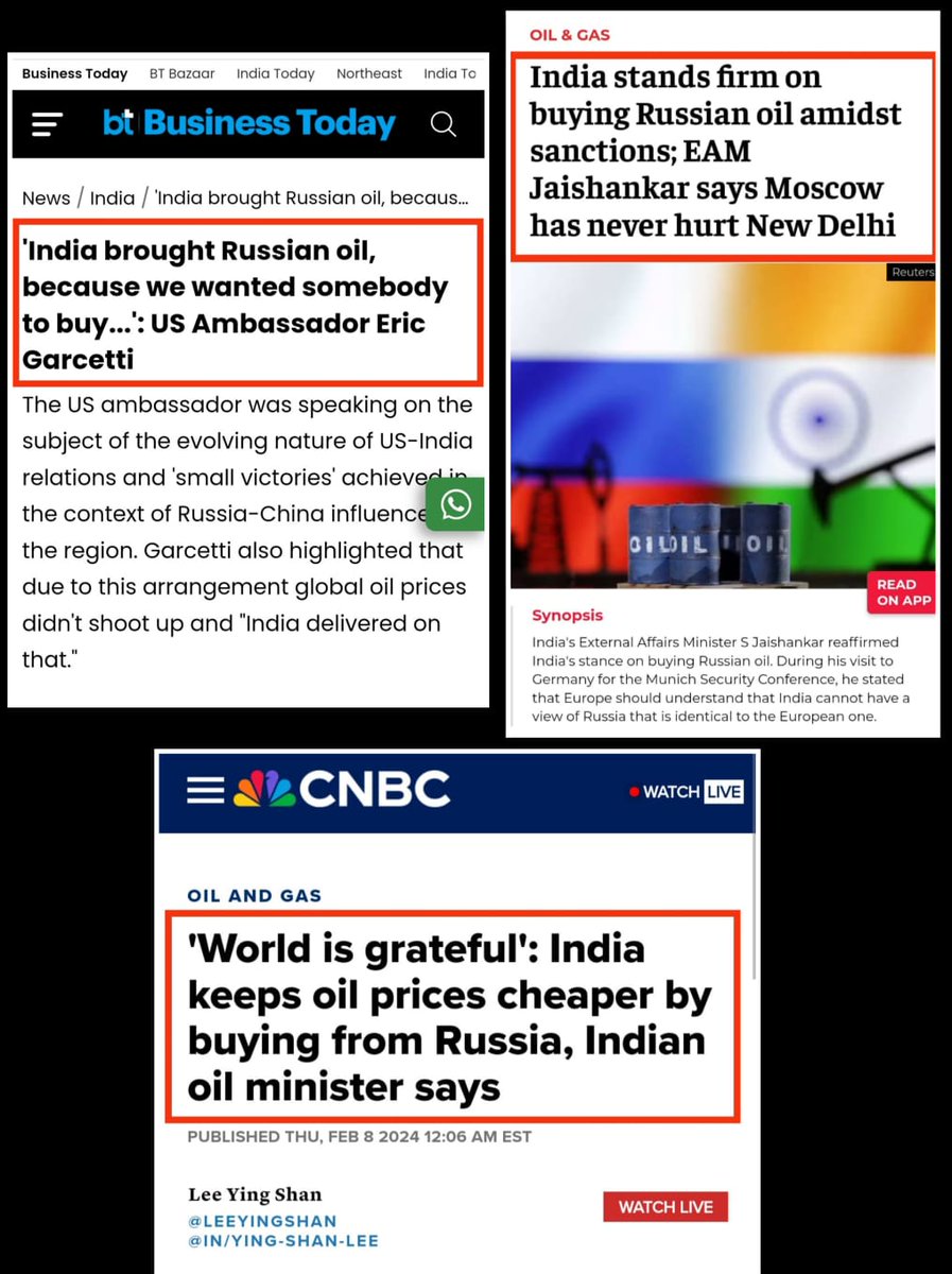 So the Modi govt wasn't defying the world in supreme national interest when they decided to buy cheaper oil from sanctioned Russia. They were buying because the Americans wanted them to. Meanwhile, being the U.S. poodle didn't benefit commoners/only Ambanis made windfall profit.