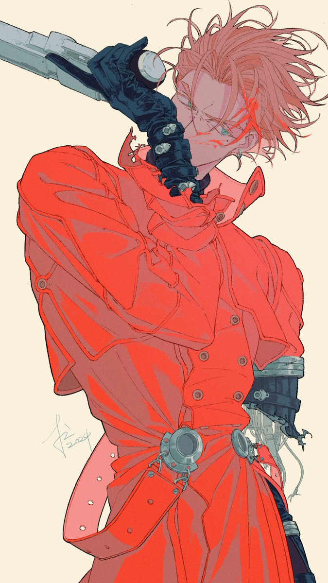 vash the stampede solo looking at viewer short hair blue eyes simple background blonde hair long sleeves  illustration images