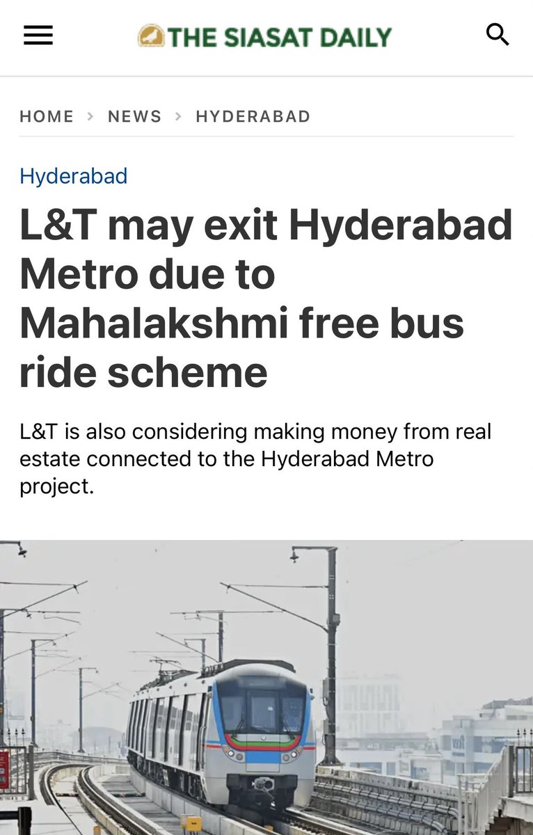 Cong govt made ridership free for women on Buses, and suddenly a popular Metro service became unprofitable. Ruining one state at a time. One could argue, now those ladies can work on jobs far off from their homes, Are there enough jobs? How productive are these bus trips? A