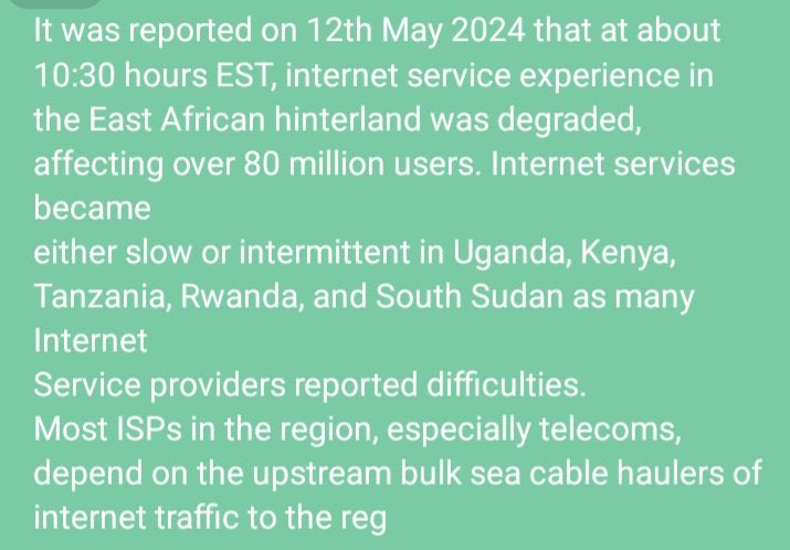 Jamani internet iko chini Afrika Mashariki yote 
#internetdown 
Internet is down in East Africa 
👇🏾

EASSy Cable - Fault confirmed
Seacom Cable - Observing Fault that occurred at same time.
3 cable cuts in Red Sea 

😲😲Tunalo!